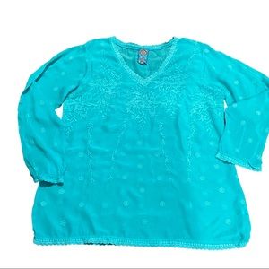 Johnny Was turq 3/4 sleeve large 28” tunic v neck